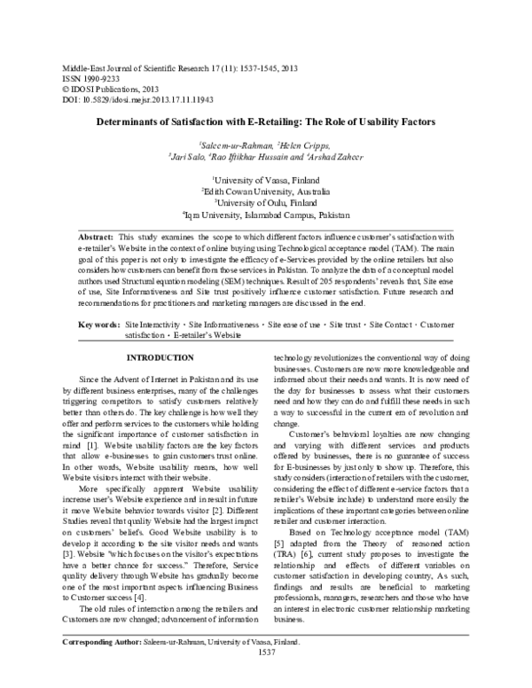 (PDF) Determinants of satisfaction with e-retailing: The role of ...