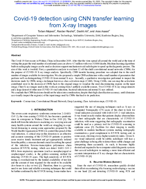 (PDF) Covid-19 Detection using CNN Transfer Learning from X-ray Images