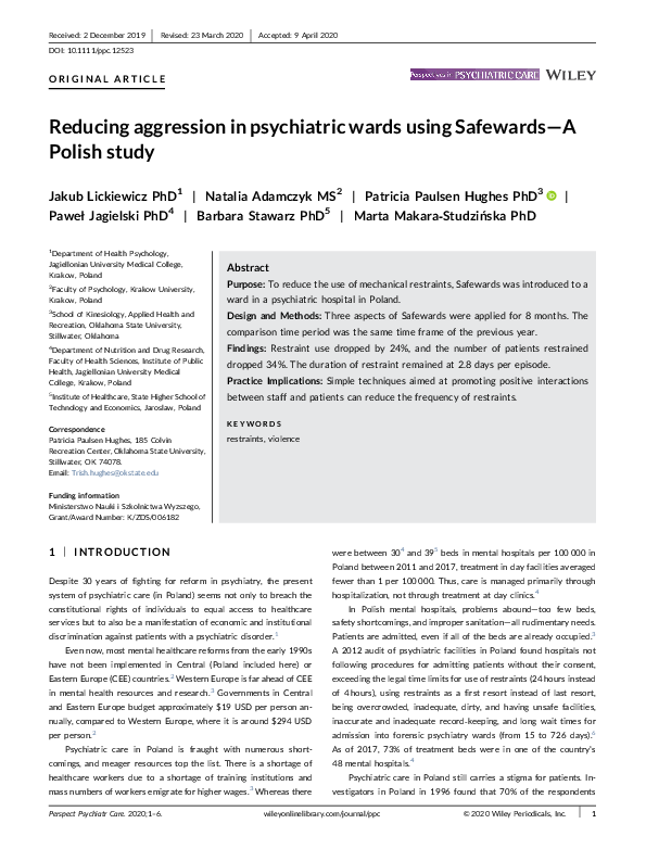 (PDF) Reducing aggression in psychiatric wards using Safewards—A Polish ...