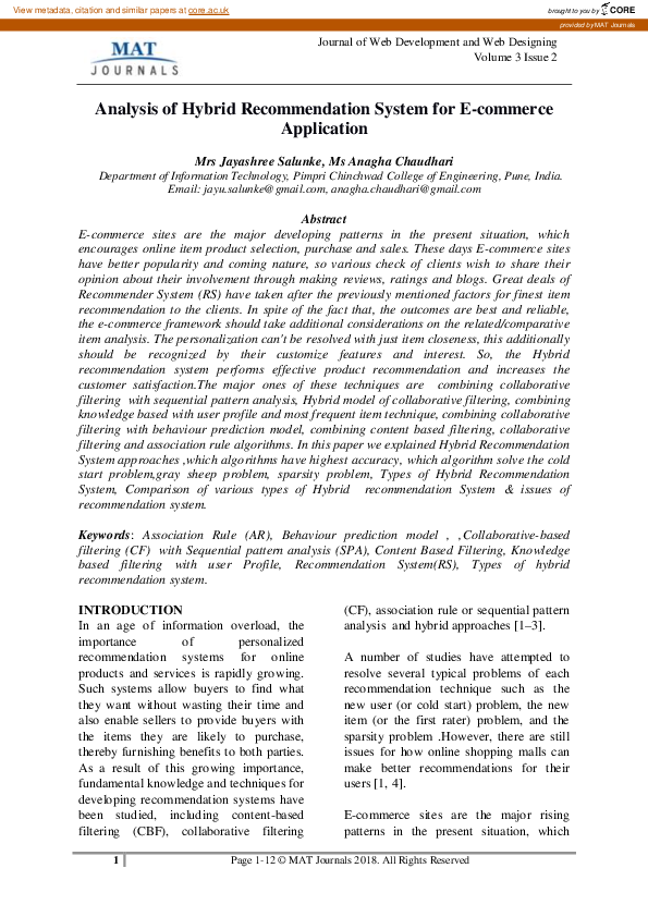 (PDF) Analysis of Hybrid Recommendation System for E-commerce Application