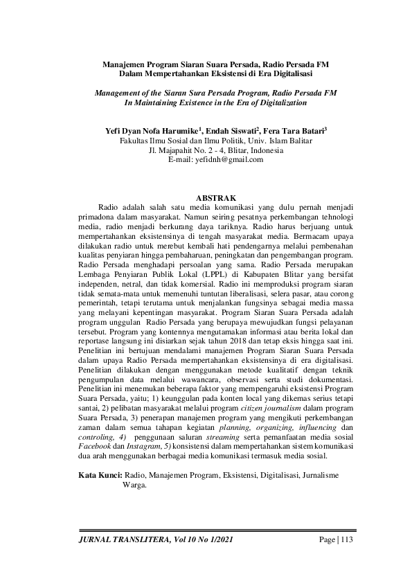 Manajemen Program Siaran Suara Persada, Radio Persada FM Dalam Mempertahankan Eksistensi di Era Digitalisasi