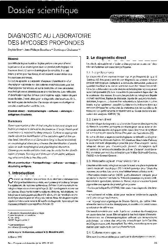 (PDF) Diagnostic au laboratoire des mycoses profondes