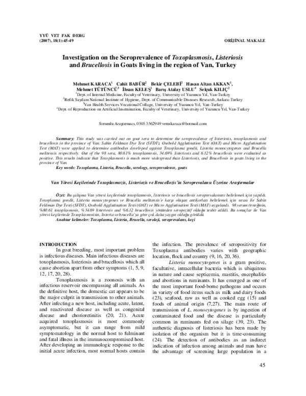 (PDF) Investigation on the Seroprevalence of Toxoplasmosis, Listeriosis ...