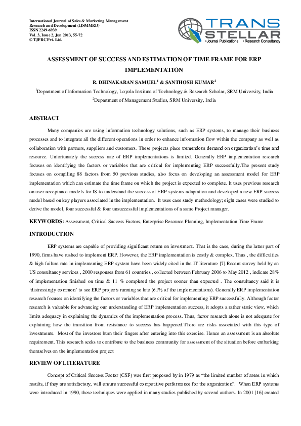 (PDF) Assessment of Success and Estimation of Time Frame for Erp ...