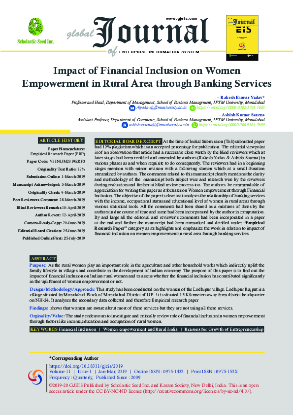 (PDF) I mpact of Financial Inclusion on Women Empowerment in Rural Area ...
