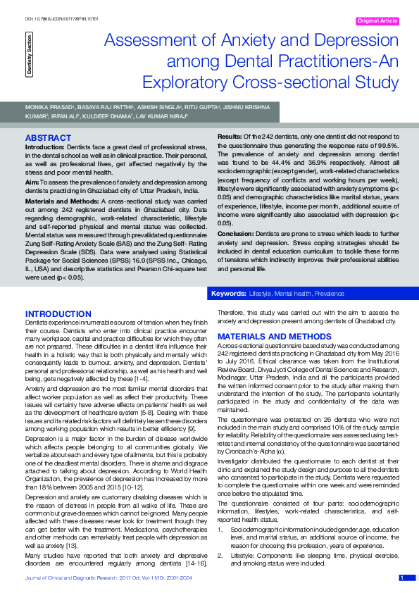 (PDF) Assessment of Anxiety and Depression among Dental Practitioners