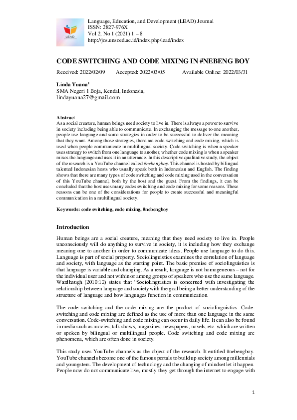 (PDF) Code Switching and Code Mixing in #Nebeng Boy
