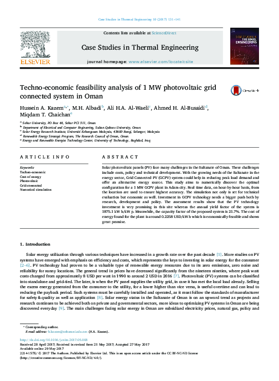 (PDF) Techno-economic feasibility analysis of 1 MW photovoltaic grid ...