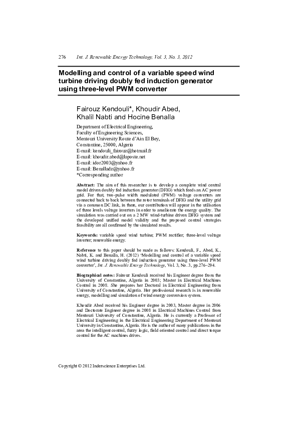 (PDF) Modelling and control of a variable speed wind turbine driving ...