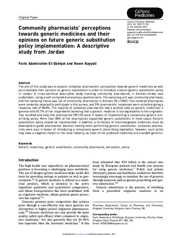 (PDF) Community pharmacists' perceptions towards generic medicines and ...