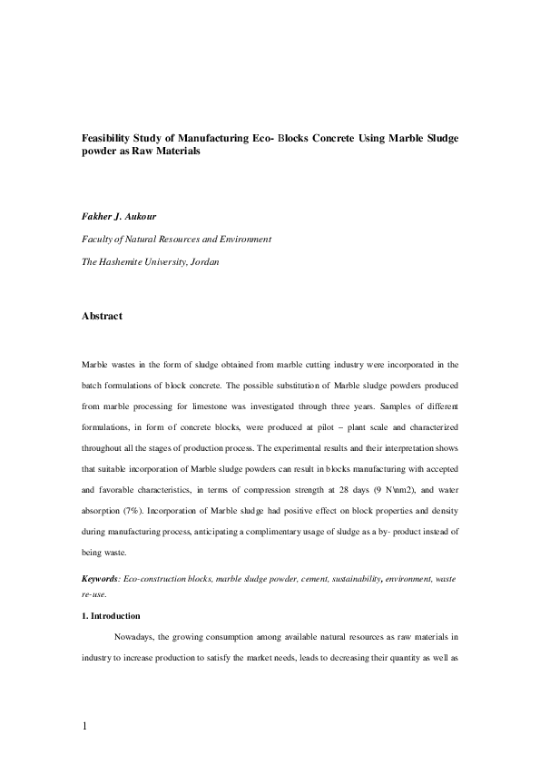 (PDF) Feasibility Study of Manufacturing Eco Blocks Concrete Using Marble Sludge powder as Raw
