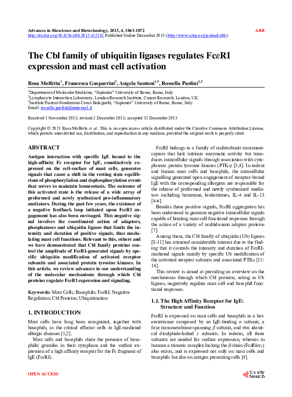 (PDF) The Cbl family of ubiquitin ligases regulates FcεRI expression ...
