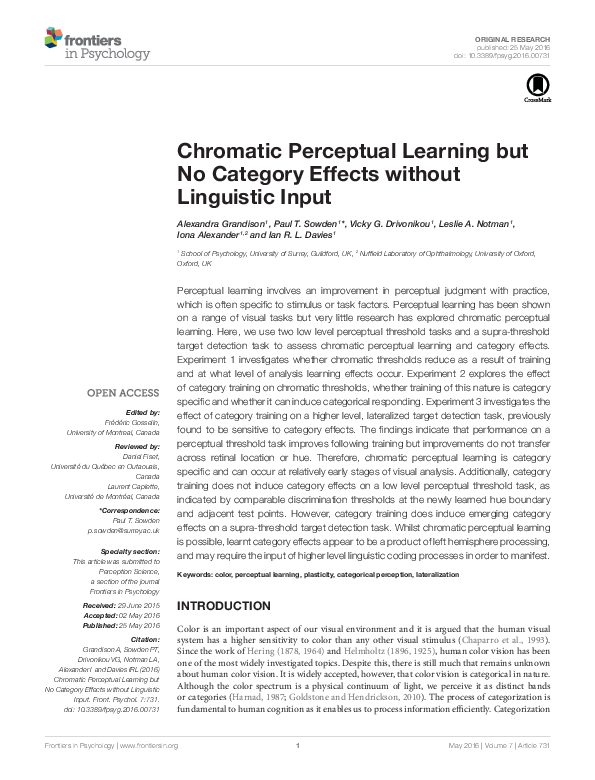 (PDF) Chromatic Perceptual Learning but No Category Effects without ...