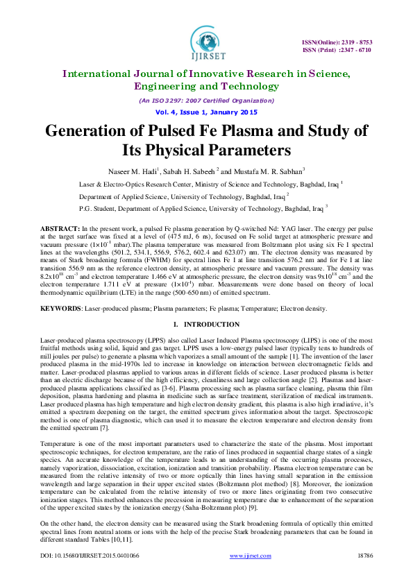 (PDF) Generation of Pulsed Fe Plasma and Study of Its Physical Parameters