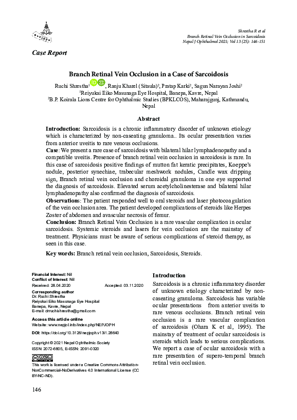 (PDF) Branch Retinal Vein Occlusion in a Case of Sarcoidosis