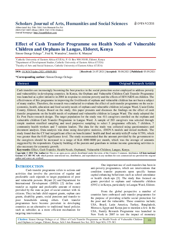 (PDF) Effect of Cash Transfer Programme on Health Needs of Vulnerable ...
