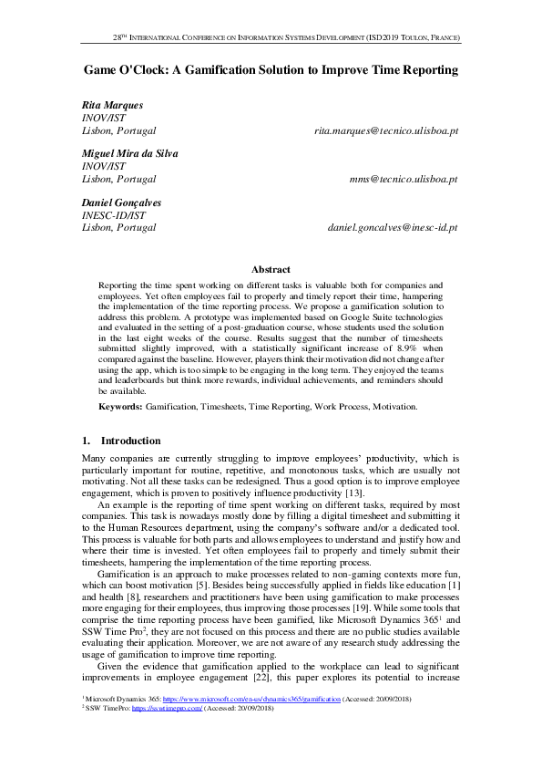 (PDF) Game O'Clock: A Gamification Solution to Improve Time Reporting
