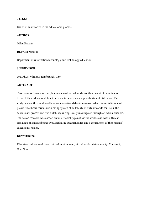 (PDF) Use of virtual worlds in the educational process
