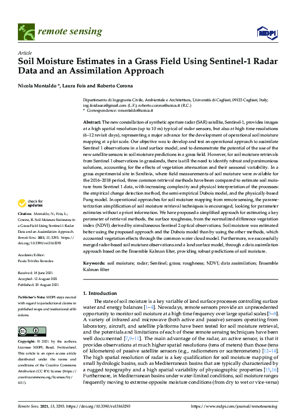(PDF) Soil Moisture Estimates in a Grass Field Using Sentinel-1 Radar ...