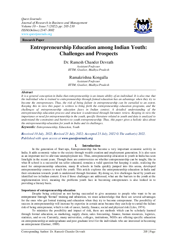 (PDF) Entrepreneurship Education among Indian Youth: Challenges and ...