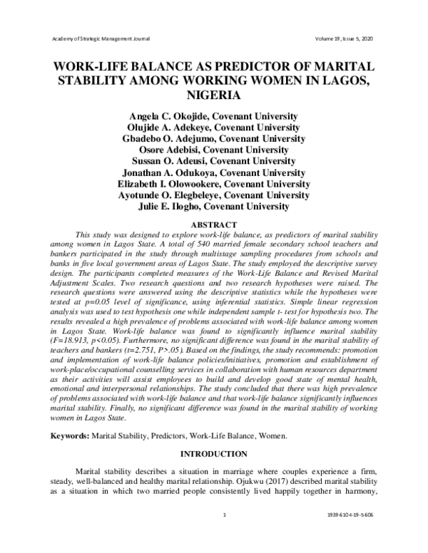 (PDF) Work-Life Balance as Predictor of Marital Stability among Working ...