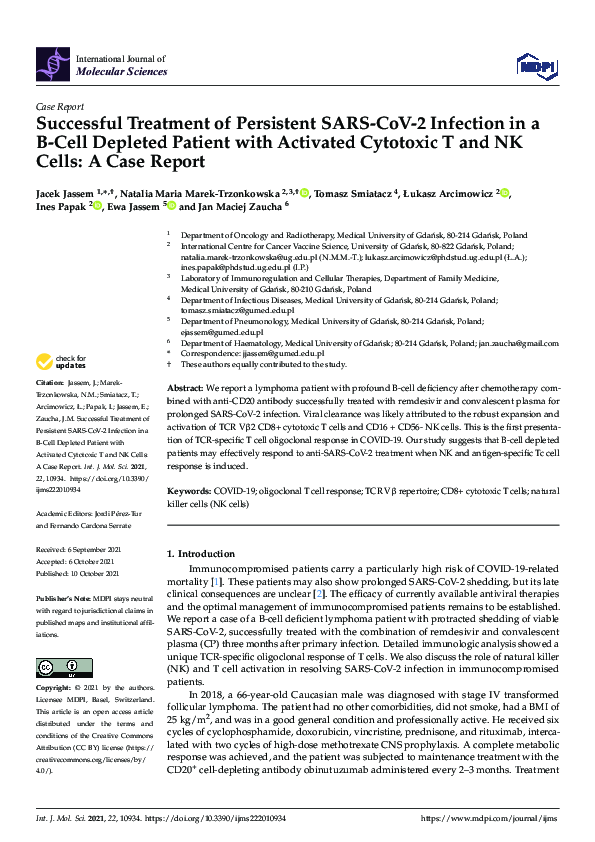 (PDF) Successful Treatment of Persistent SARS-CoV-2 Infection in a B ...