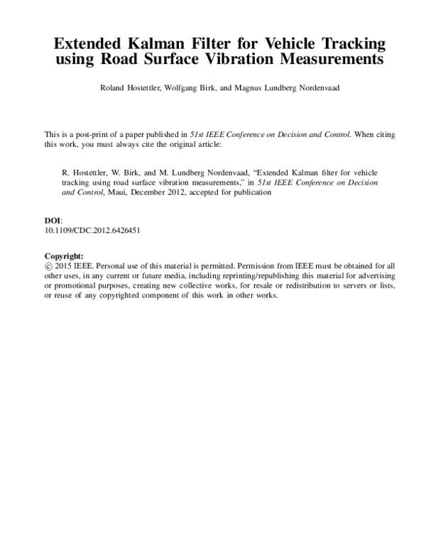 (PDF) Extended Kalman filter for vehicle tracking using road surface ...