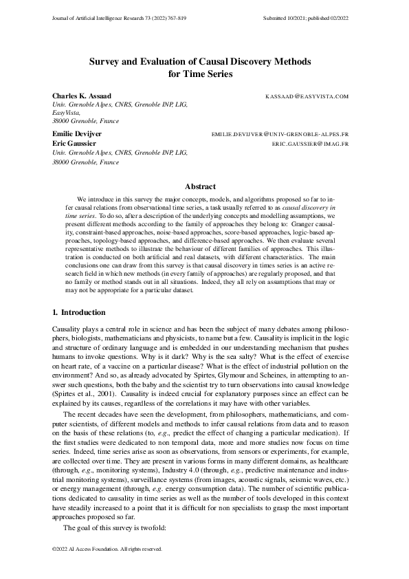 (PDF) Survey and Evaluation of Causal Discovery Methods for Time Series