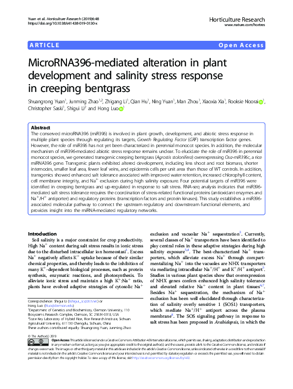(PDF) MicroRNA396-mediated alteration in plant development and salinity ...