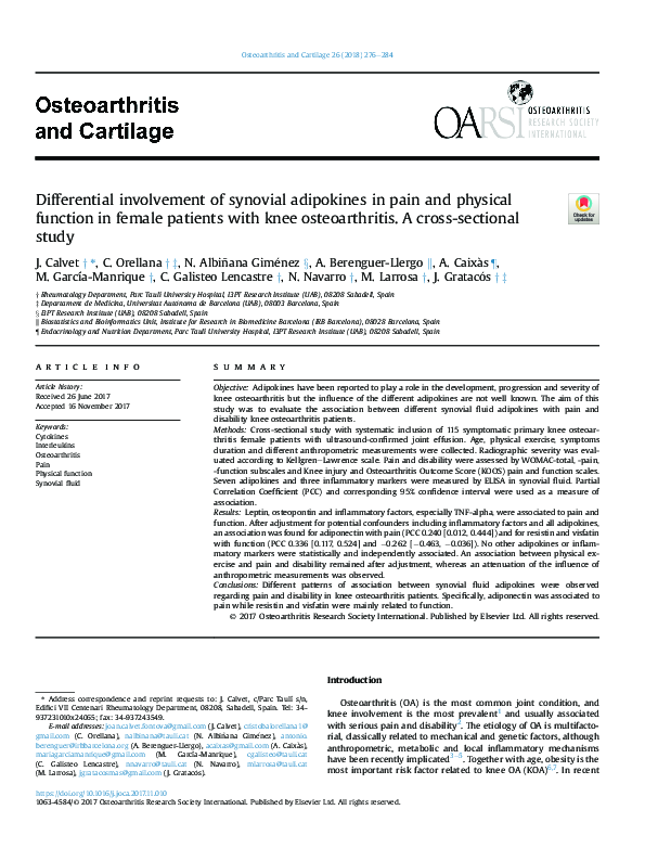 (PDF) Differential involvement of synovial adipokines in pain and ...