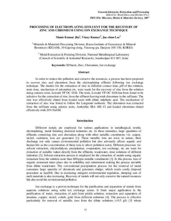 (PDF) Processing of electroplating effluent for the recovery of zinc ...