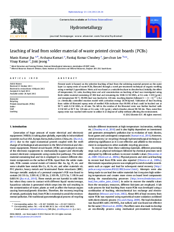 (PDF) Leaching of lead from solder material of waste printed circuit boards (PCBs) Jaechun