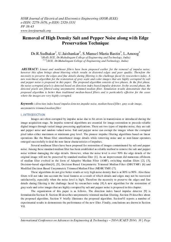 (PDF) Removal of High Density Salt and Pepper Noise along with Edge ...