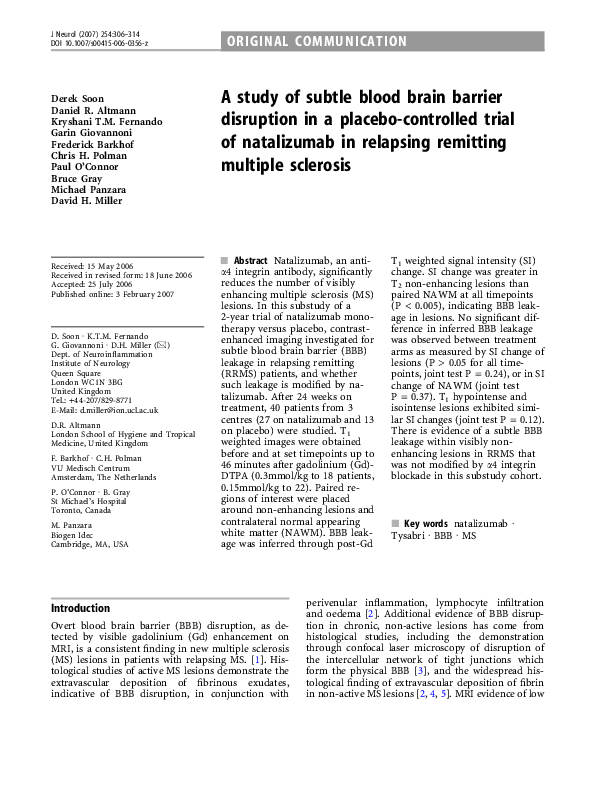 (PDF) A study of subtle blood brain barrier disruption in a placebo ...