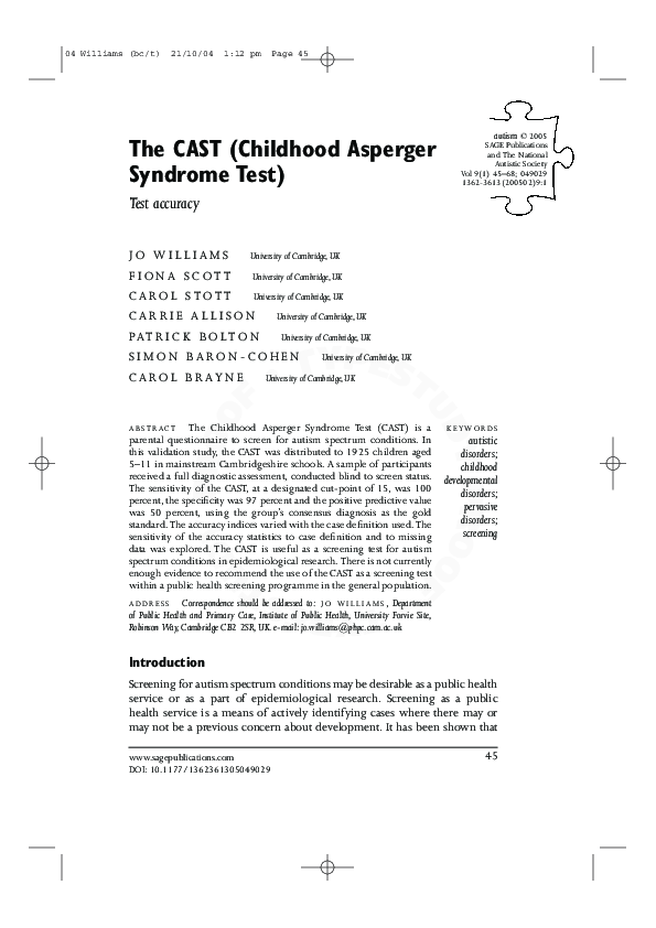 (PDF) The CAST (Childhood Asperger Syndrome Test): Test accuracy ...