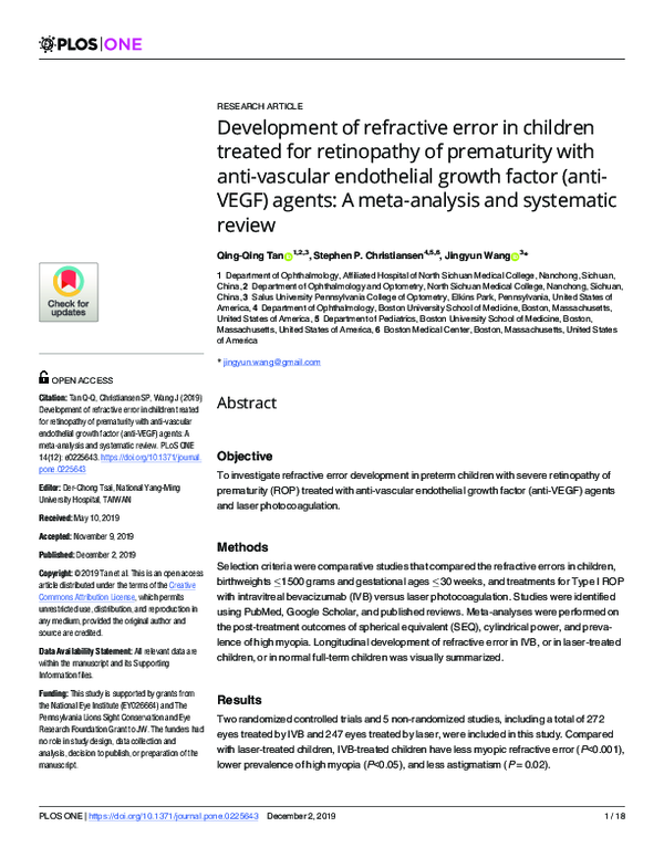 (PDF) Development of refractive error in children treated for ...