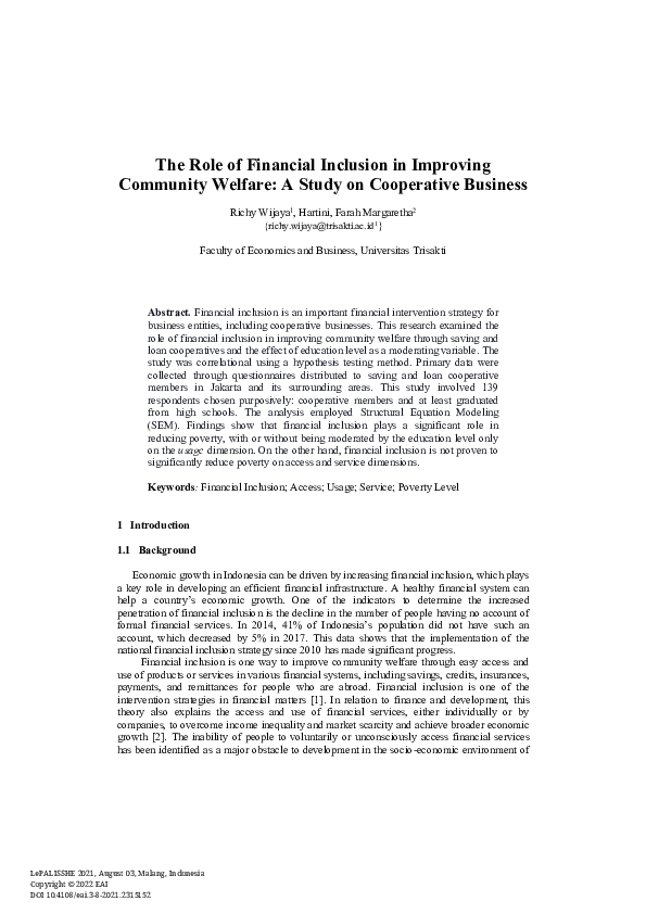 (PDF) The Role of Financial Inclusion in Improving Community Welfare: A ...