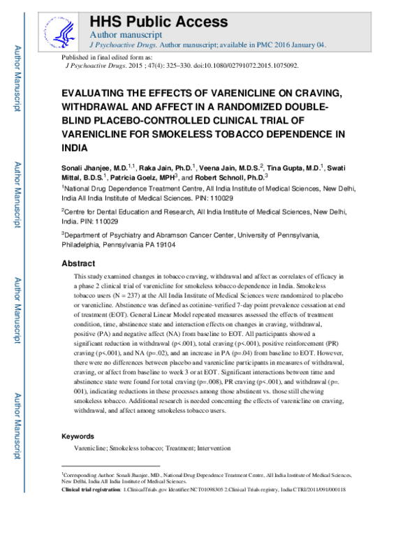 (PDF) Evaluating the Effects of Varenicline on Craving, Withdrawal, and ...