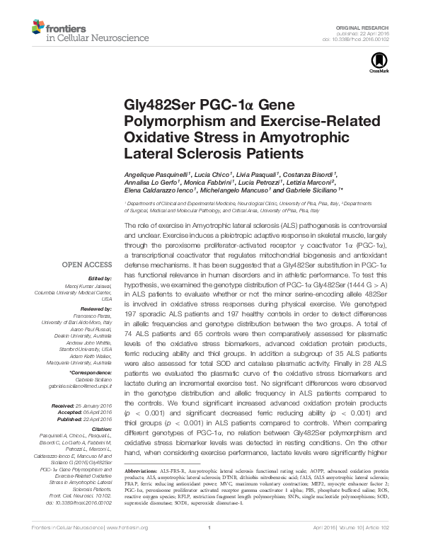 Gly482Ser PGC-1α Gene Polymorphism and Exercise-Related Oxidative Stress in Amyotrophic Lateral Sclerosis Patients