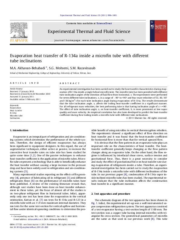 (PDF) Evaporation heat transfer of R-134a inside a microfin tube with ...