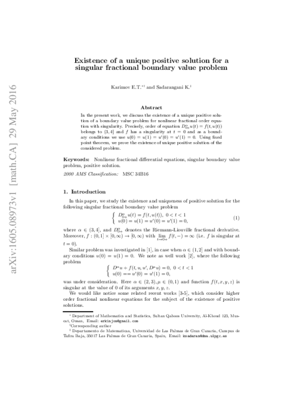 (PDF) Existence of a unique positive solution for a singular fractional ...