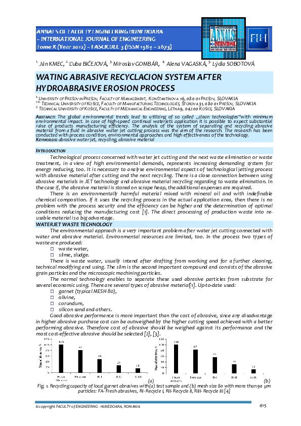 (PDF) of ENGINEERING-HUNEDOARA, ROMANIA 415 WATING ABRASIVE RECYCLACION ...
