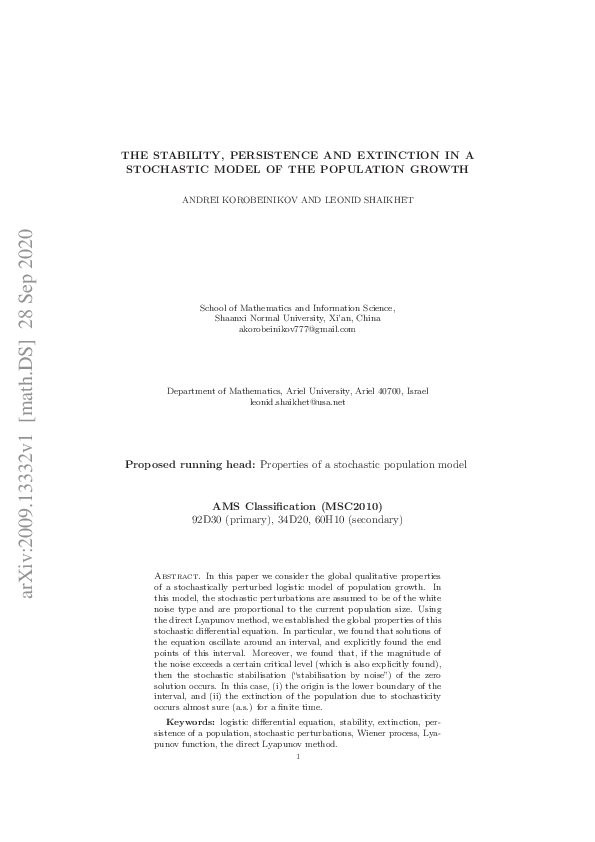 (PDF) The stability, persistence and extinction in a stochastic model ...