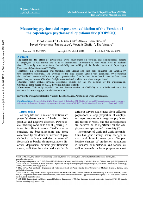 (PDF) Measuring psychosocial exposures: validation of the Persian of ...