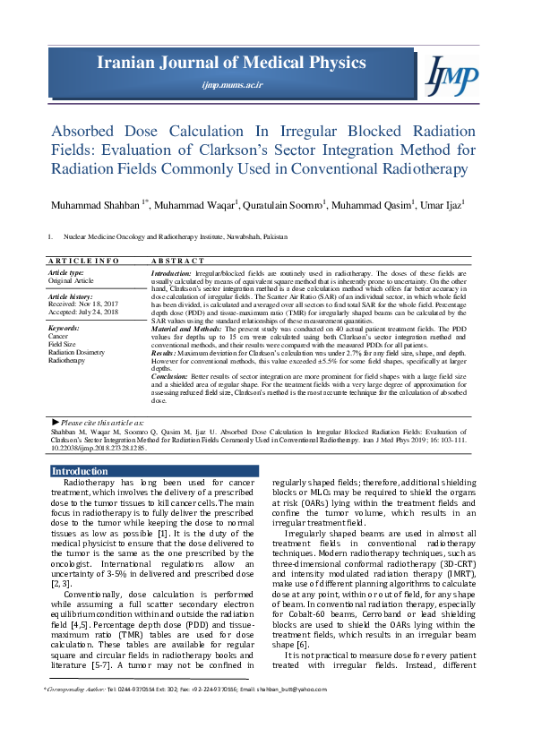 (PDF) Absorbed Dose Calculation In Irregular Blocked Radiation Fields ...