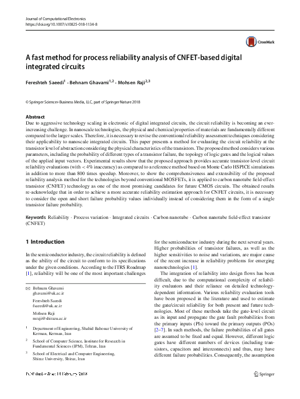 (PDF) A fast method for process reliability analysis of CNFET-based ...