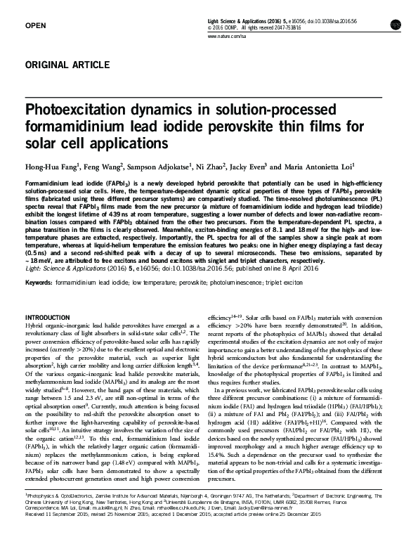 (PDF) Photoexcitation dynamics in solutionprocessed formamidinium lead