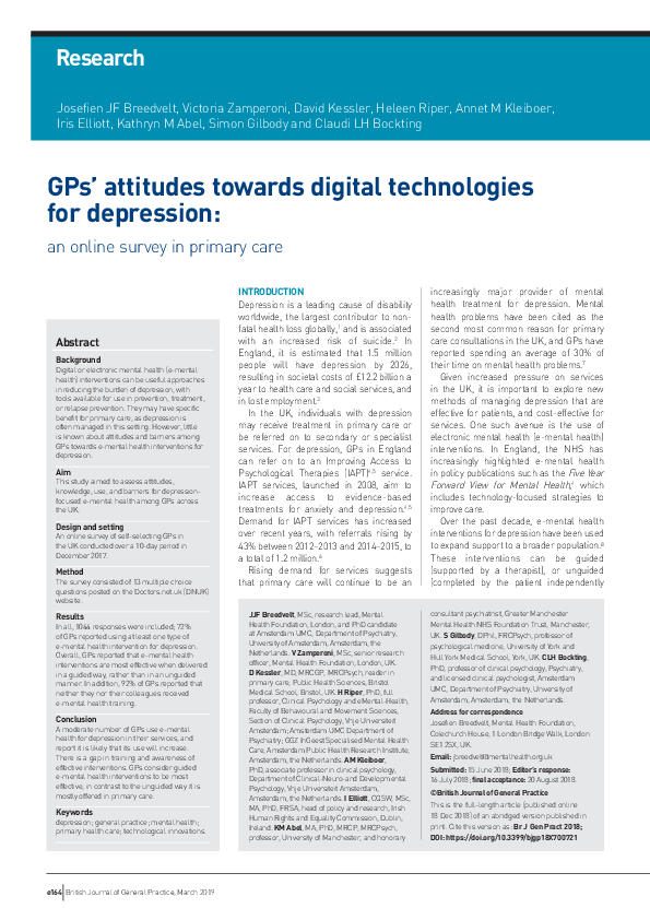 (PDF) GPs’ attitudes towards digital technologies for depression: an ...