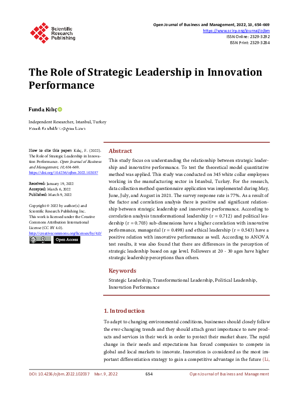 (PDF) The Role of Strategic Leadership in Innovation Performance