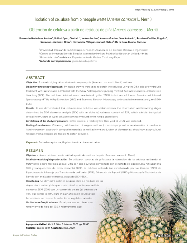 (PDF) Obtención de celulosa a partir de residuos de piña (Ananas ...